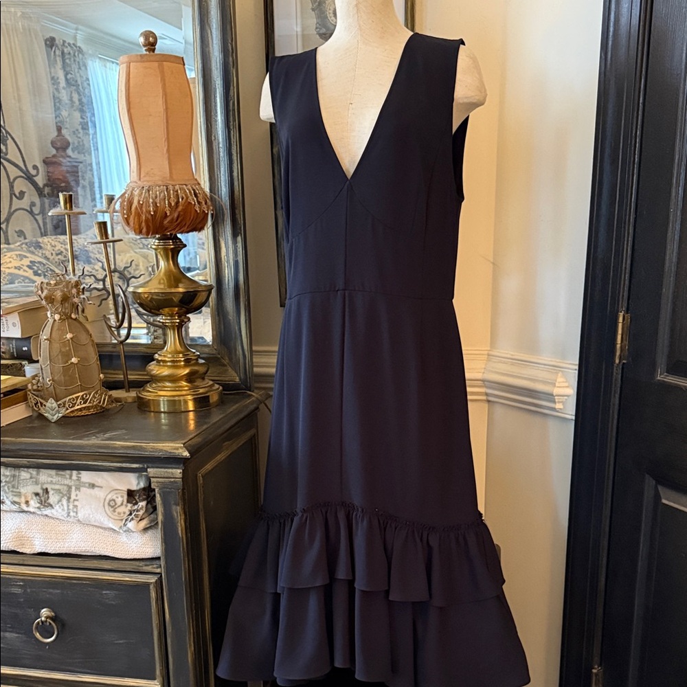 Tome NYC V-Neck Sleeveless Midi Dress with Tiered Ruffle Hem - Navy